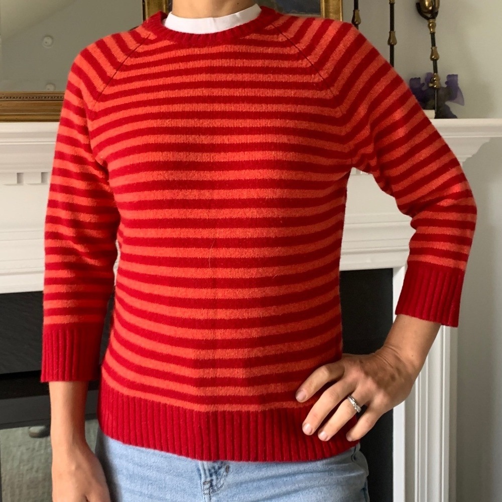 Gap Stretch Womens Red Orange Striped Crewneck Raglan 3/4 Sleeve Sweater‎ Size M